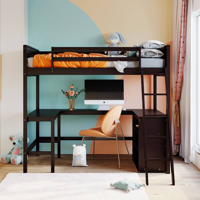 Full Size Loft Bed with Shelves and Desk, Wooden Full Loft Bed Frame with Desk