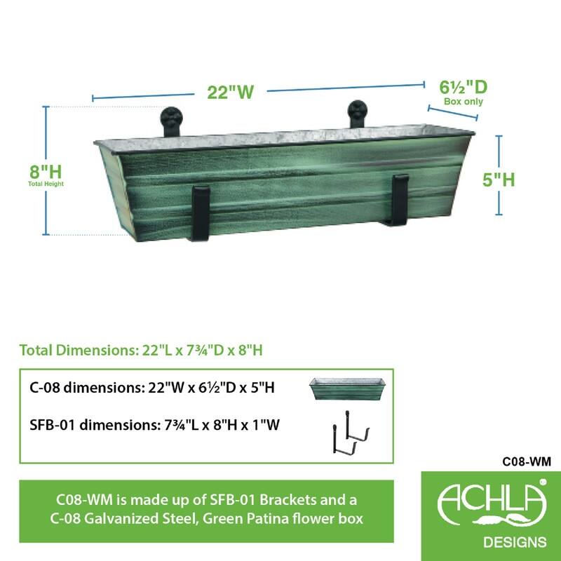 Achla Designs Small Galvanized Steel Flower Box Planter With Wall Brackets, 22 Inch Wide
