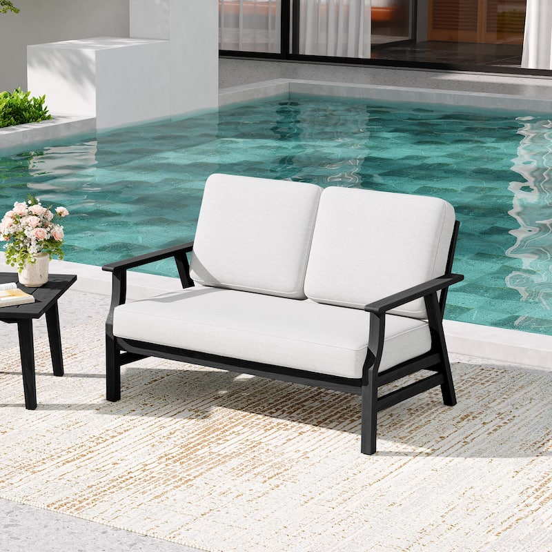 Teak Frame Outdoor Loveseat Daybed with Water-Resistant Cushions.