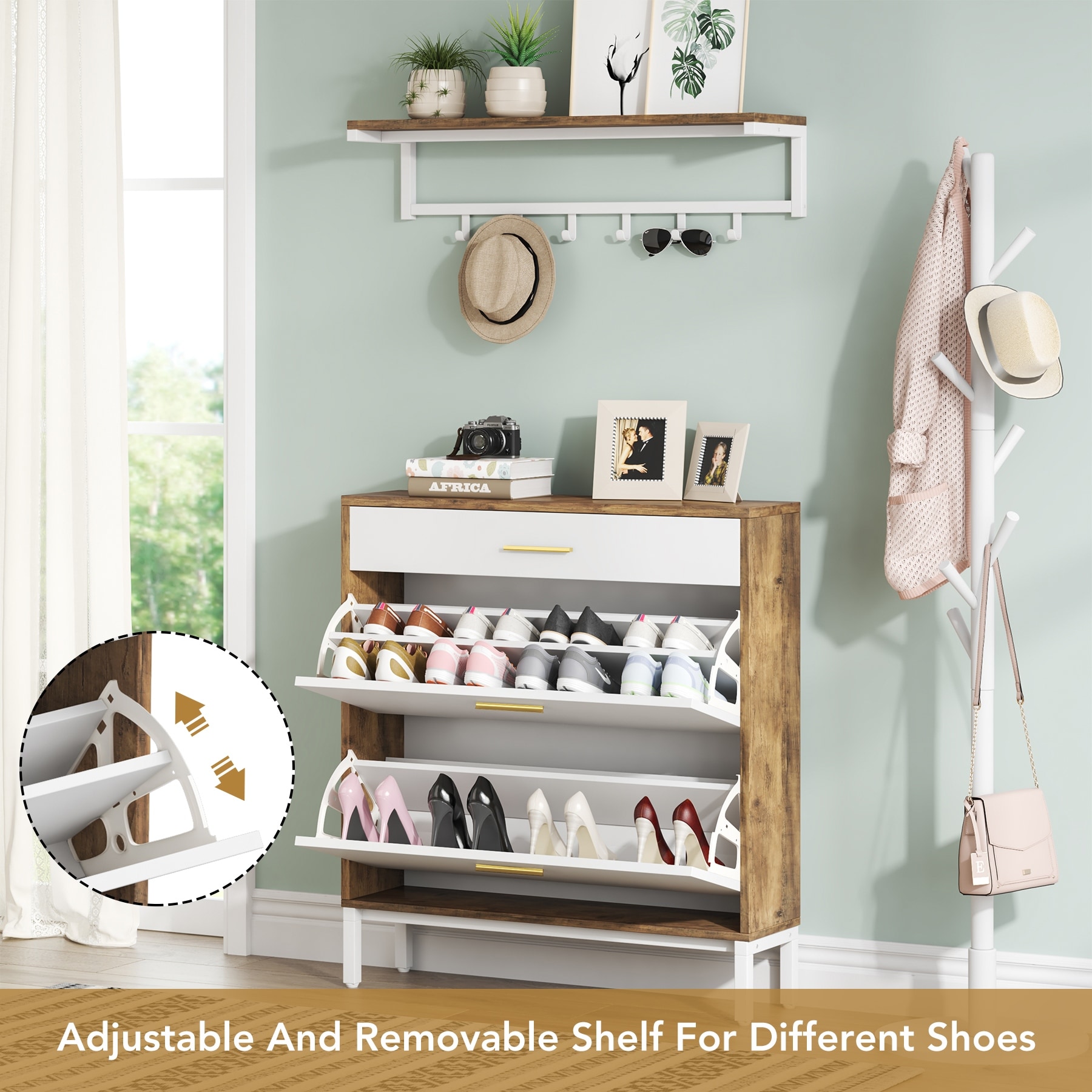 White Flip Drawer Shoe Cabinet Wall Mounted Coat Rack Set 3