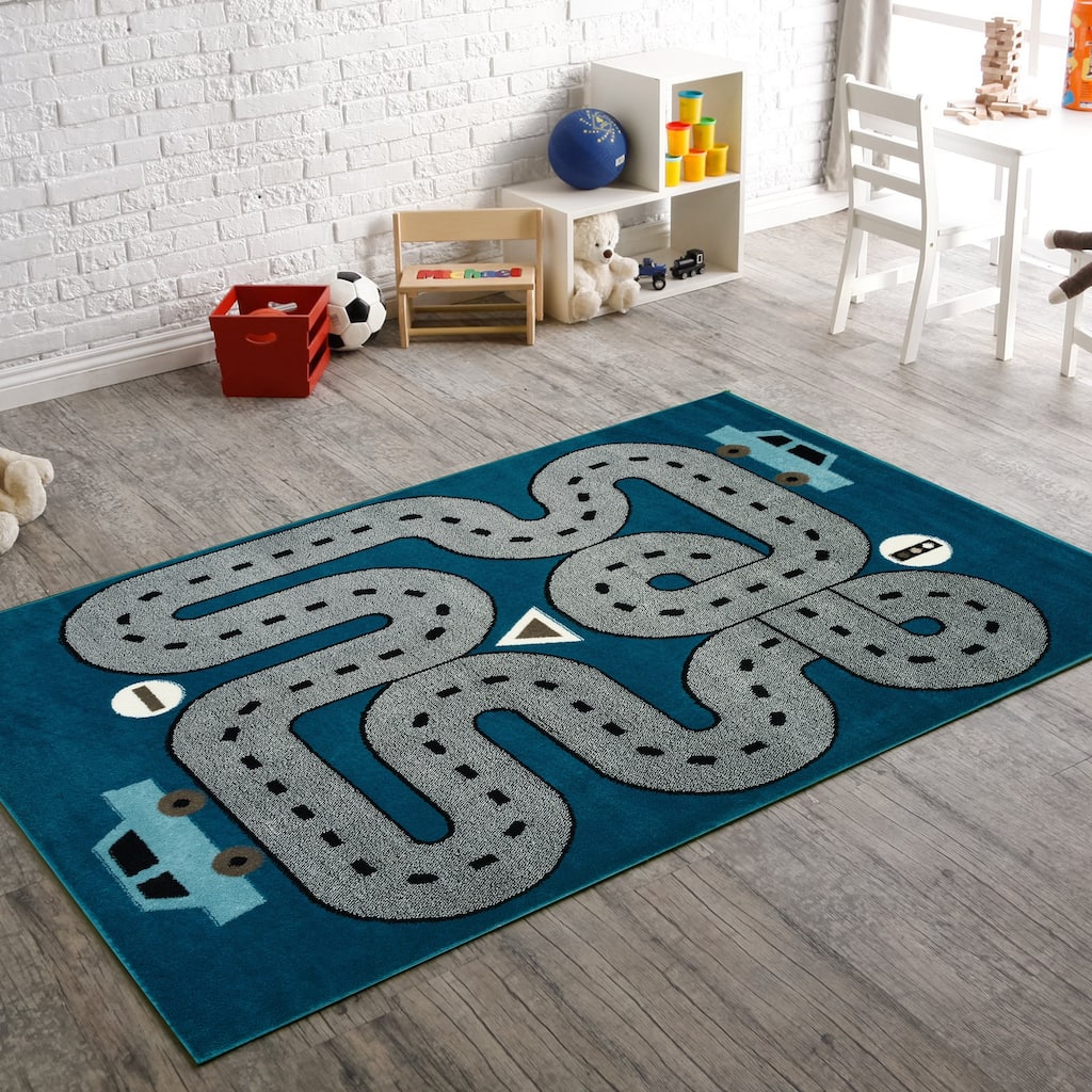 Wren Blue Race Track Children's Indoor Area Rug by Sevita