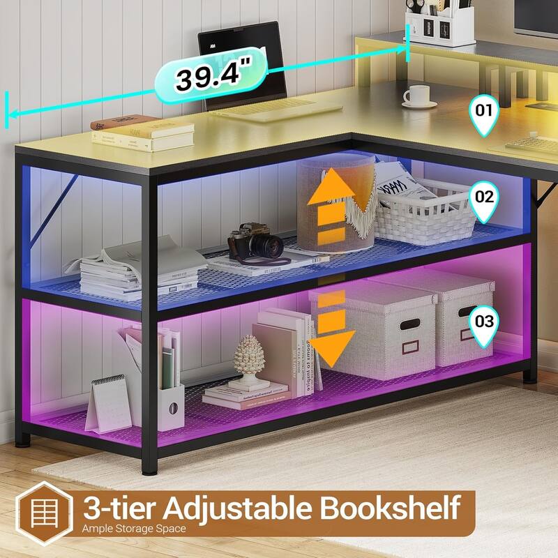 67" L Gaming Shaped Desk Storage Shelves Power Outlet 2 Drawers
