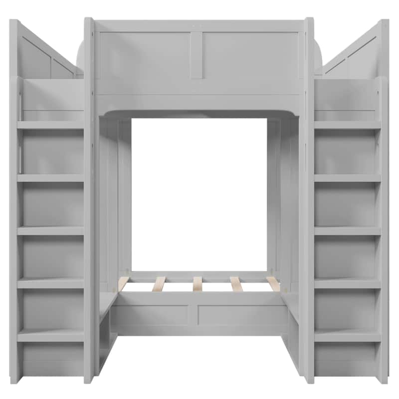 Triple Bunk Bed Frame, Twin + Twin Over Twin XL Size Bed with Storage Shelves, Hanging Hooks and Dual Ladders for Kids Room