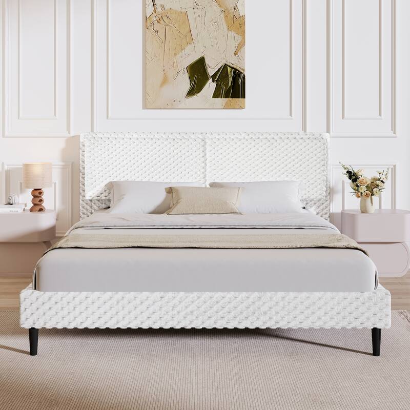 Queen Size Modern Platform Bed with Camel Plush Upholstery, Comfortable Backrest - White