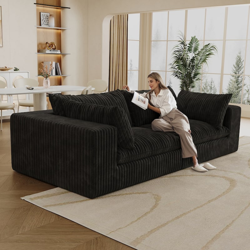 Corduroy Fabric Cloud Sofa, 2 Seater Deep Seat Couches, Modular Loveseat with Feather-Filled Cushion & Sponge Support - Black