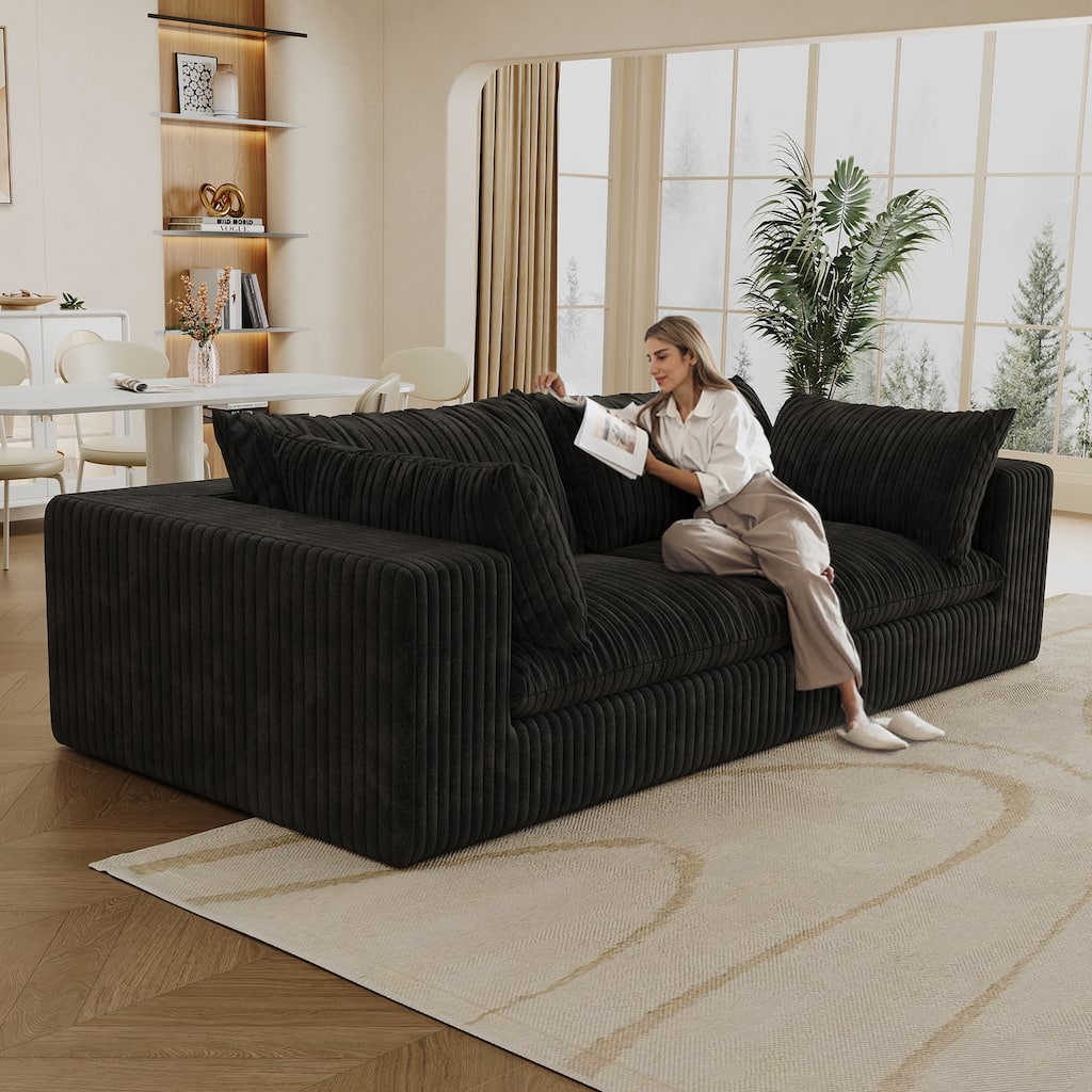Corduroy Fabric Cloud Sofa, 2 Seater Deep Seat Couches, Modular Loveseat with Feather-Filled Cushion & Sponge Support