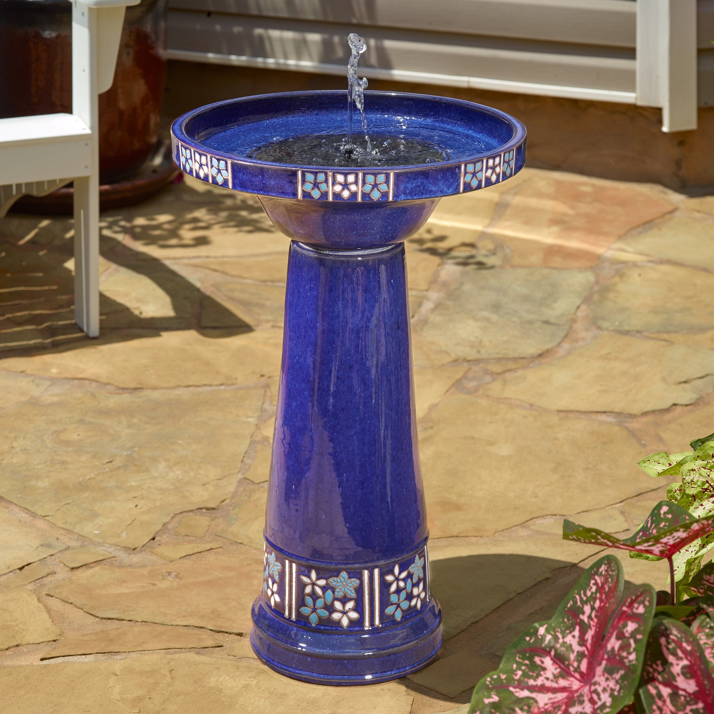 Louisa intelliSOLAR Ceramic Birdbath with Remote - Blue Flowers