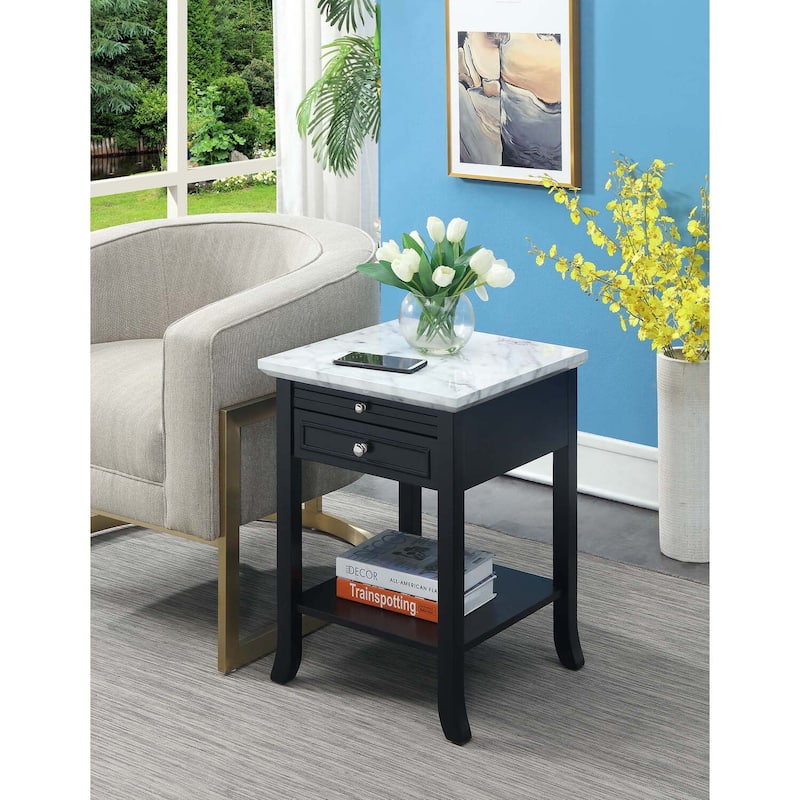 End Table with Drawer and Slide Out Shelf, White Faux Marble Top with Black Frame, Stylish Accent Side Table with Storage - 18