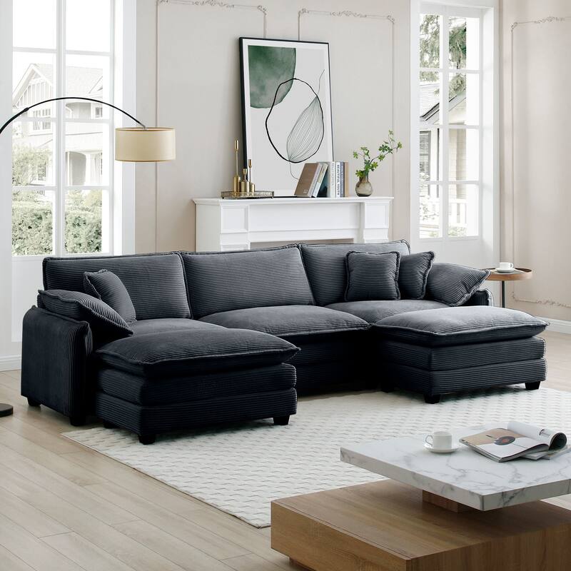 Grey 5-Piece Corduroy U-Shaped Modular Sectional Sofa with 2 Ottomans