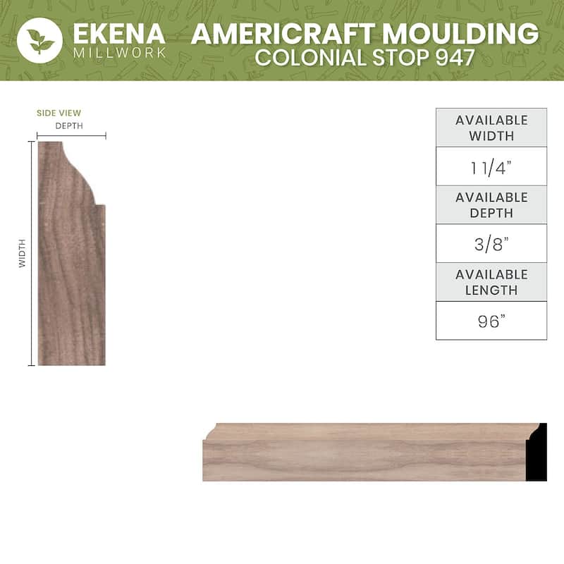 WM947: 3/8-in D x 1-1/4-in W x 96-in L Americraft Solid Hardwood Stain Grade Colonial Stop Moulding