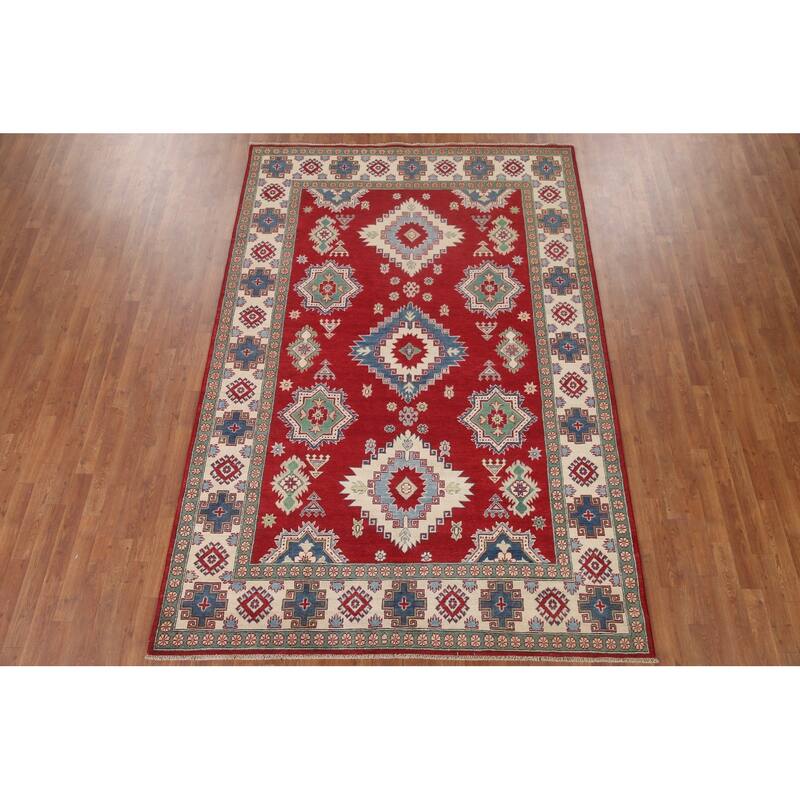 Hand Knotted Oriental 100% Wool Carpet Traditional Geometric Red Kazak Area Rug - 9' 10'' X 6' 8''