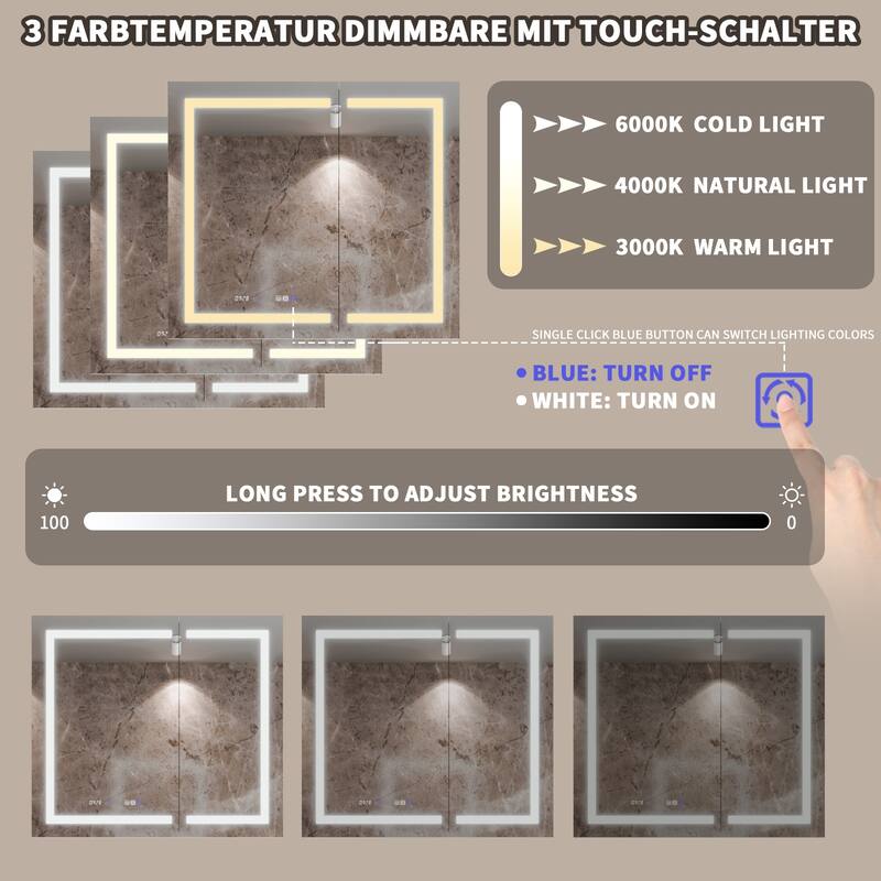 36'' H Recessed or Surface Mounted Bathroom LED Mirror Cabinet With Defogger, Dimmer, 10x magnifying