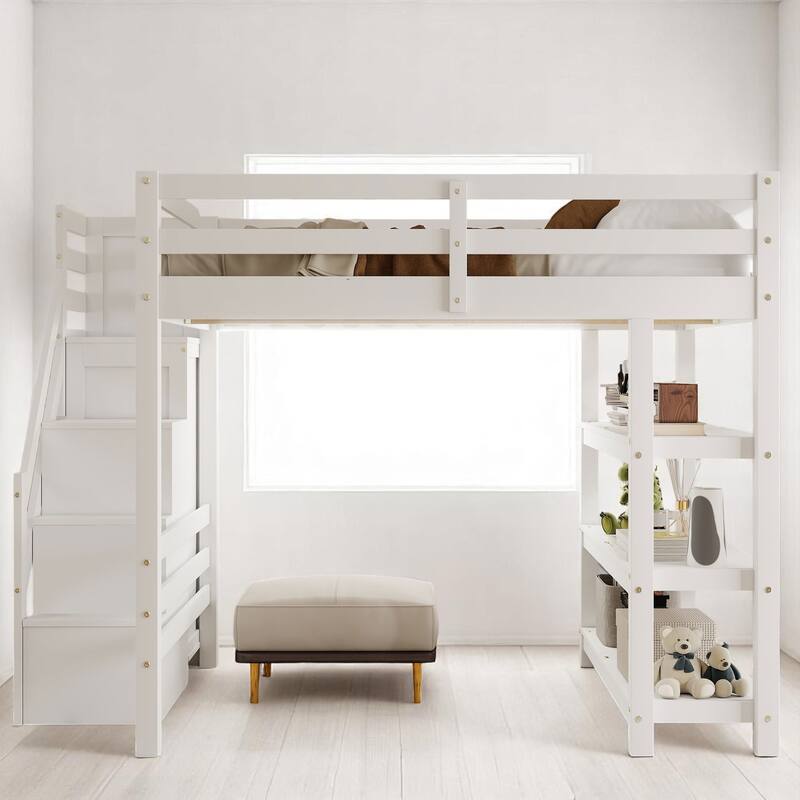 Twin/Full Size White Loft Bed with Storage Shelves, Staircase, Wardrobe & LED Light - Pine Wood Frame