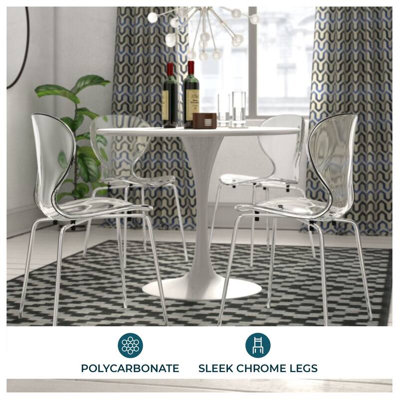 Oyster Modern Stackable Plastic Dining Chair with Curved Backrest and Accent Chrome Legs for Kitchen or Café Use Set of 2