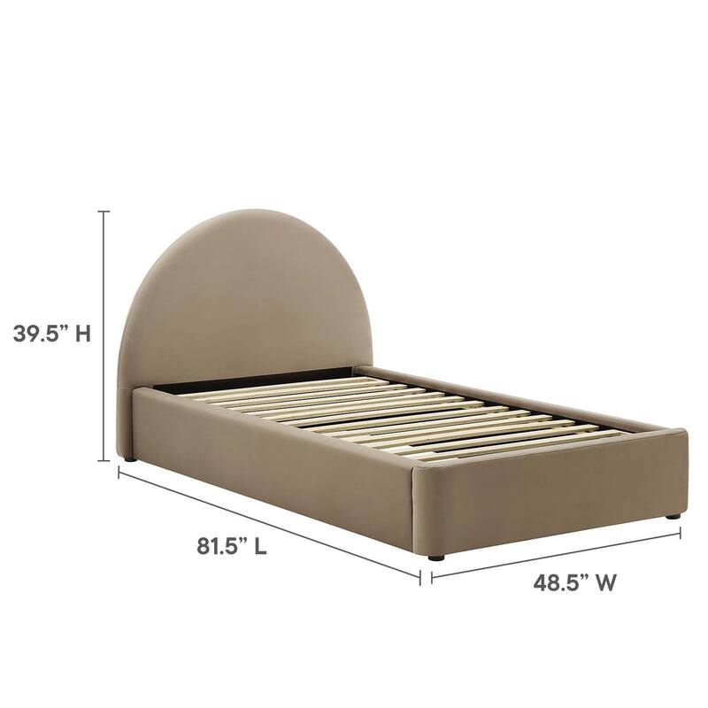 Palmetto Modern Round Headboard Taupe Velvet Upholstered Twin Size Platform Bed
