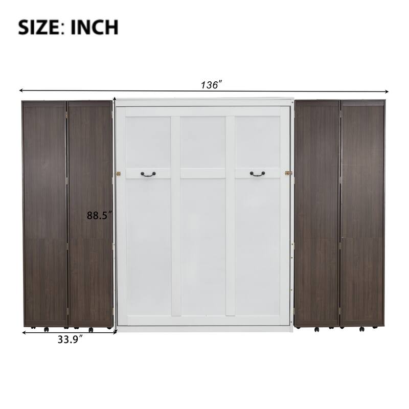 Queen Murphy Bed with Storage Bookcase, Space Saving Queen Foldable Wood Wall Bedframe for Guest Room, Home Office, Bedroom