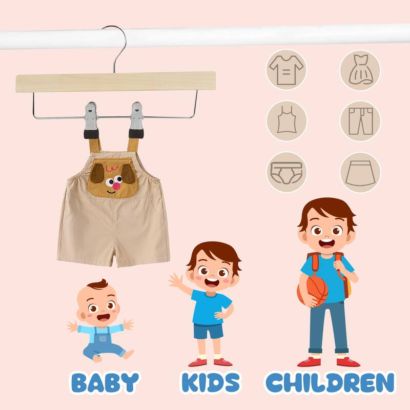 BP4U Kids Wooden Pants Skirts Hangers, Baby Solid Wood Hangers with Clips for Toddler & Children's Trousers, Slacks, Jeans