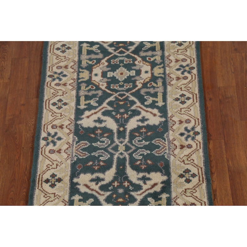 Teal Oushak Indian Runner Rug Hand-Knotted Wool Carpet - 2'7"x 9'11"