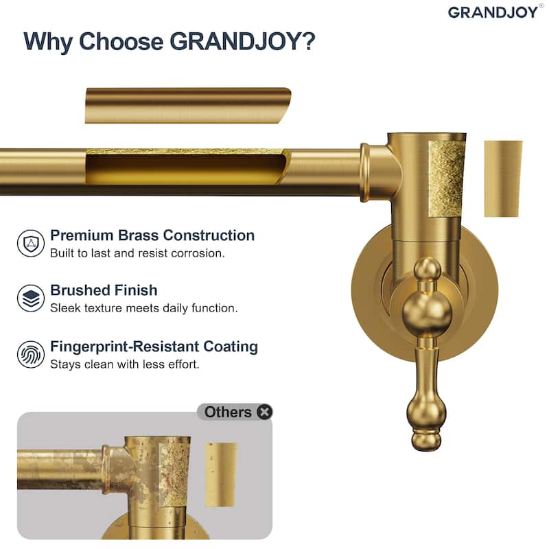 GRANDJOY Wall‑Mount Pot Filler Faucet with Dual Handle Control,High Flow Cold Water Faucet for Stove, Foldable Design