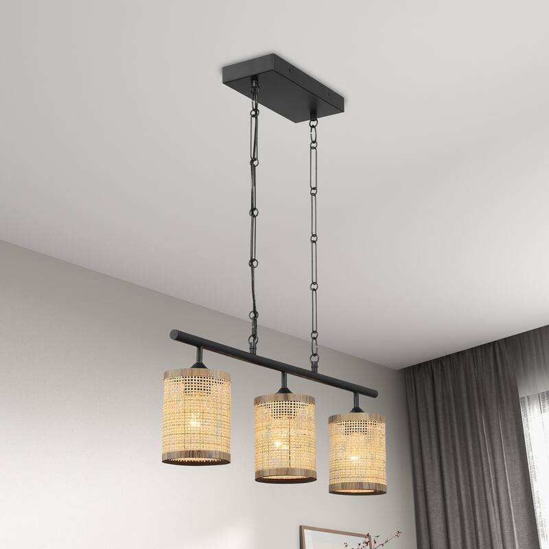 Sian Three-Light Island Pendant Lamp, Natural Rattan Shade - Black