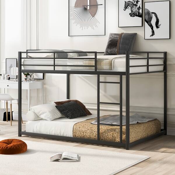 slide 2 of 10, Black Full over Full Size Metal Low Bunk Bed with Ladder & Fence Full over Full - Black