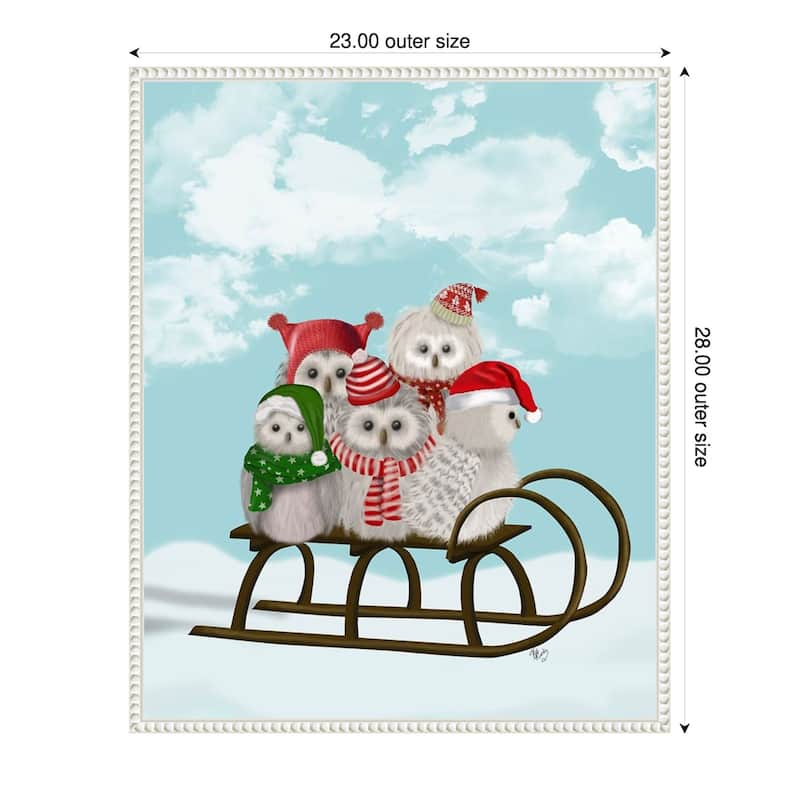 Christmas Christmas Owl Sled by Fab Funky (23 x 28 in.), Framed Canvas Wall Art Print - Sylvie Beaded White