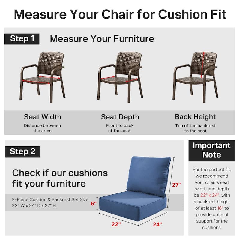 22" W x 24" D x 6" T Water & Fade Resistant Outdoor Lounge Chair Replacement Cushion Set