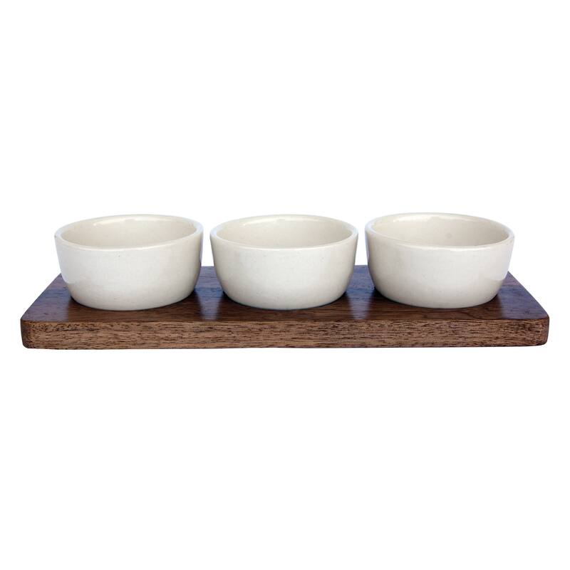 Stoneware Serving Dish with Mango Wood Base