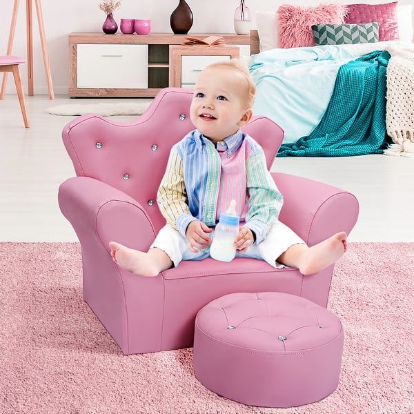 with Footstool Kids Sofa Chair Blue Multifunctional Children Upholstered Couch Sofa Princess Sofa with Embedded Crystal PVC Leather Upholstery