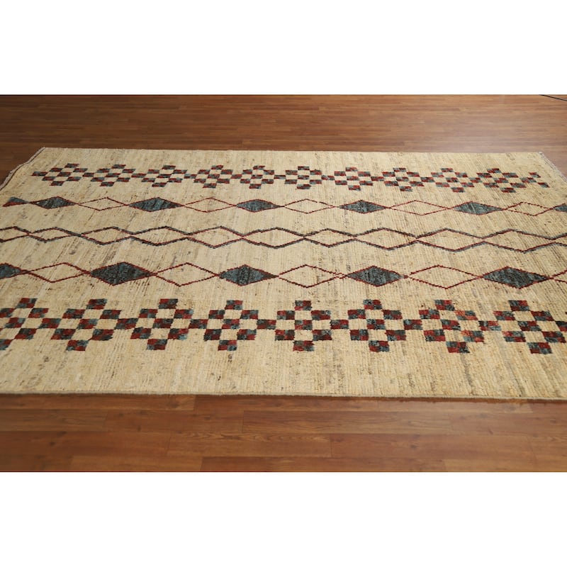 Geometric Moroccan Oriental Area Rug Hand-Knotted Beige Wool Carpet - 6'6" x 9'7"