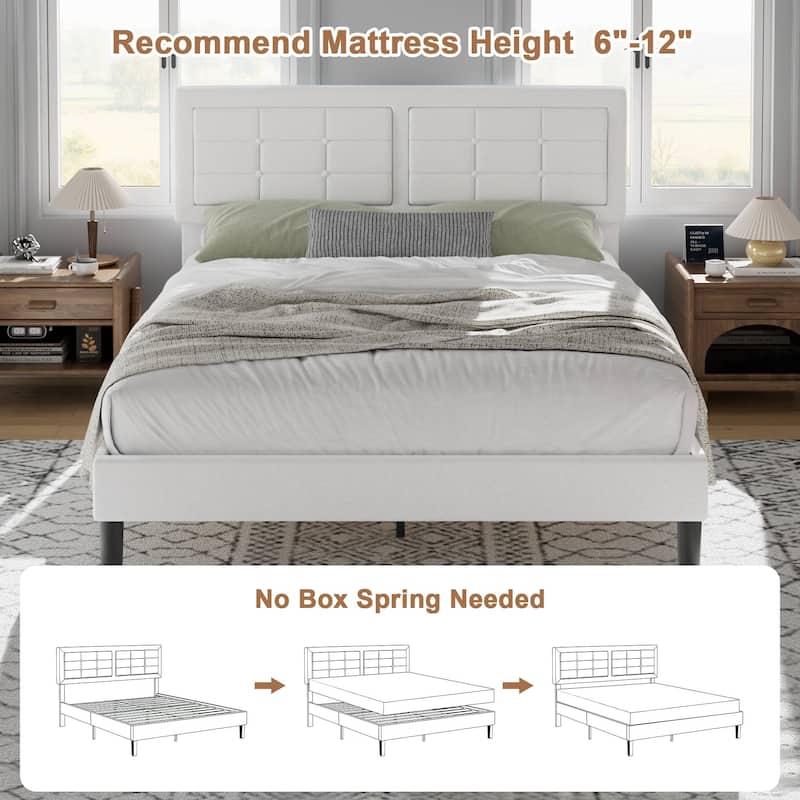 Javlergo Modern Upholstered Platform Bed Frame with Height Adjustable Tufted Headboard
