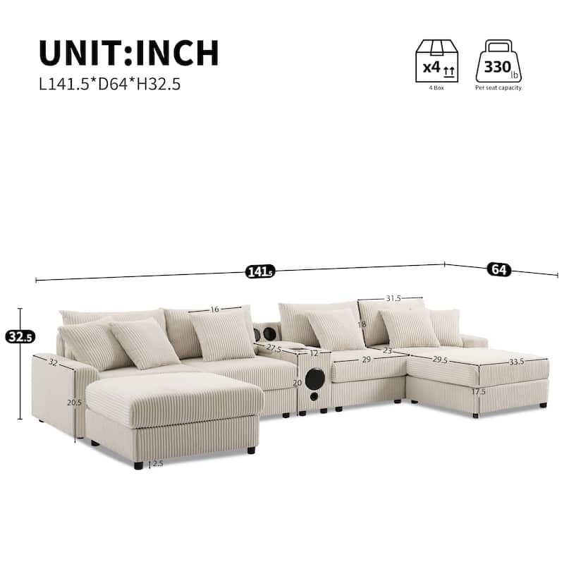 Roomfitters 141.5" Corduroy Sectional Sofa, U Shaped Couch with Console, Deep Wide Seat, Ottoman, Cream