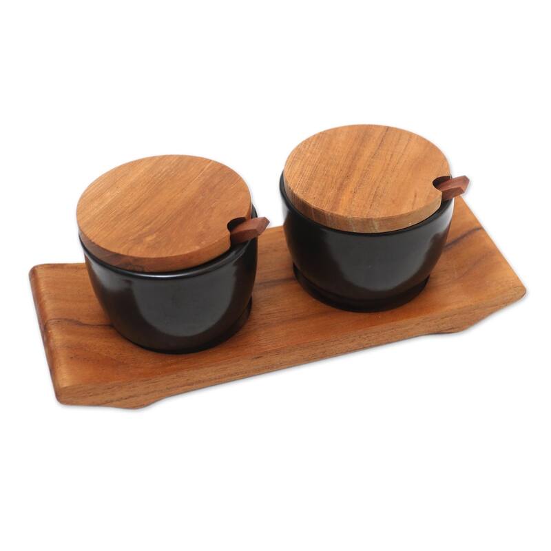 Novica Handmade Flavor Duo In Black Ceramic And Teak Wood Condiment Set