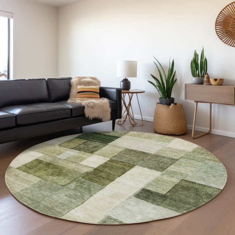 Machine Washable Indoor/ Outdoor Contemporary Geo Chantille Rug - Sage - 8' x 8'