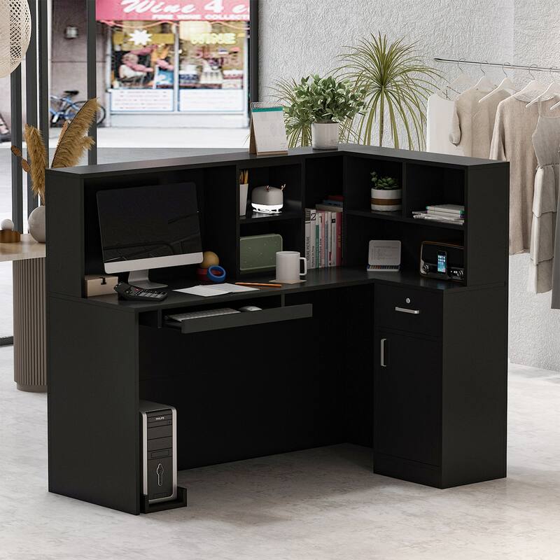 Timechee Reception Desk L-Shaped Counter with Shelves Drawers, Black