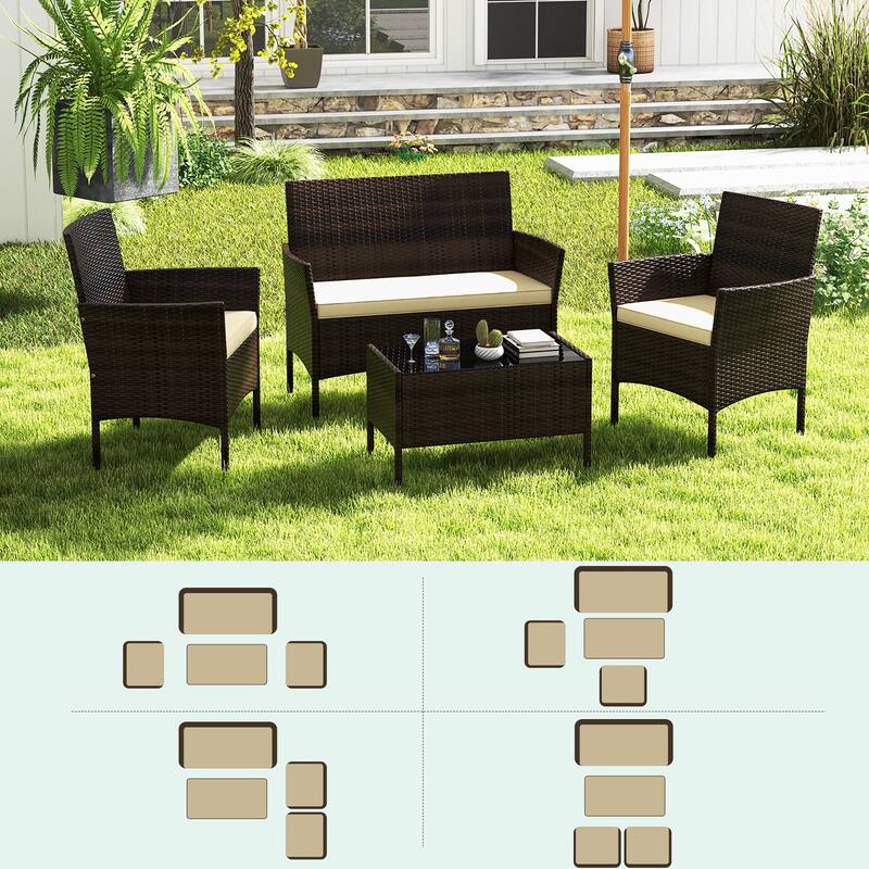 Gymax 4 PCS Patio Rattan Conversation Set Outdoor Wicker Furniture Set