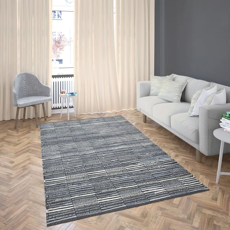 Fabstyles Denim Leather Checkerboard Handmade Area Rag Rug