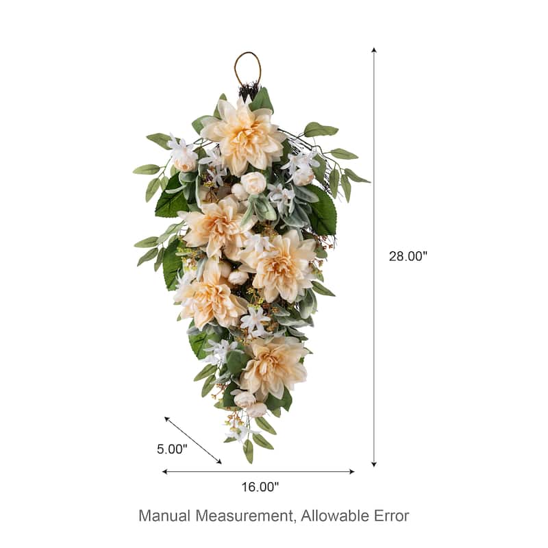 Glitzhome Peach Dahlia Floral Wreath Teardrop Garland