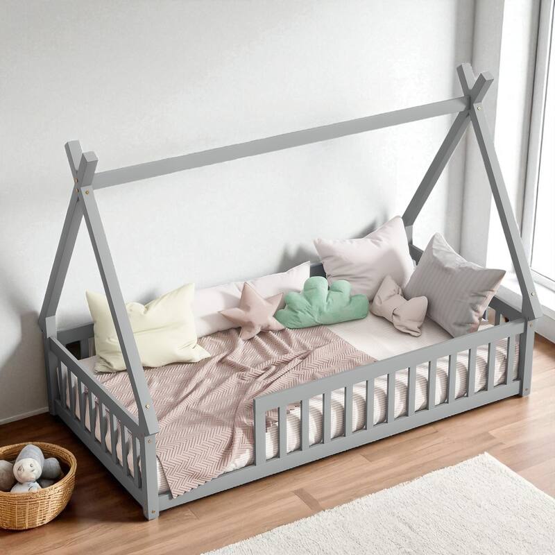 Twin Tent-Shaped Floor Bed with Guardrails, Low Platform Teepee Bed Frame with Slats, Solid Wood Design