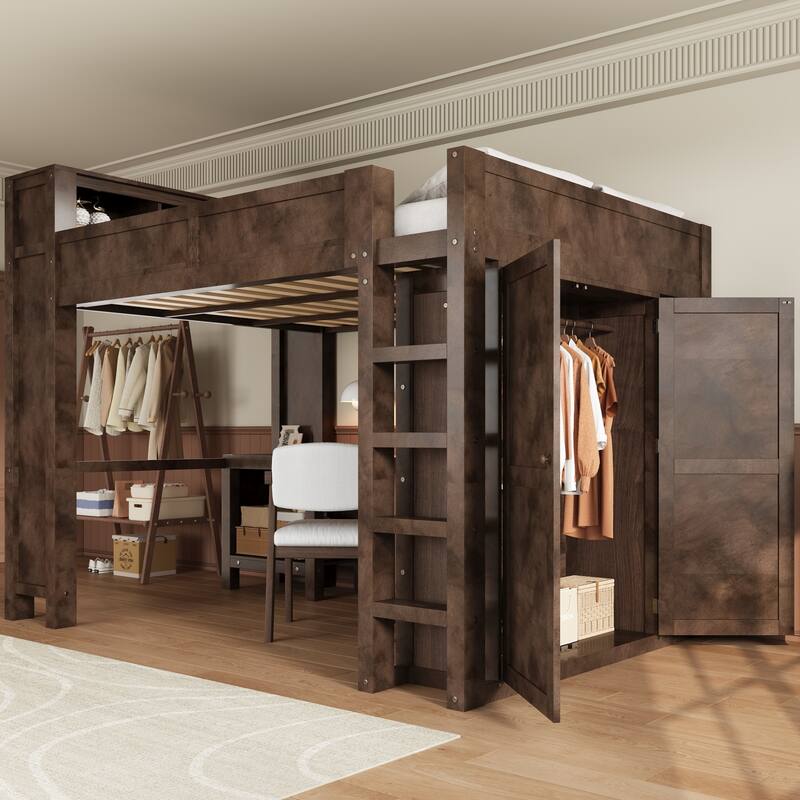 Modern Wooden Queen Size Loft Bed Frame with Wardrobe and Desk, Storage Headboard Built-in USB Charging Port