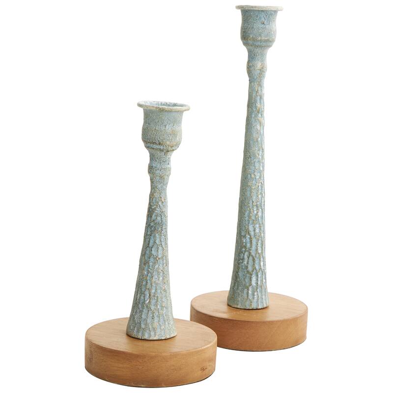 Cream or Light Blue Metal Textured Tapered Candle Holder with Brown Wood Bases (Set of 2)