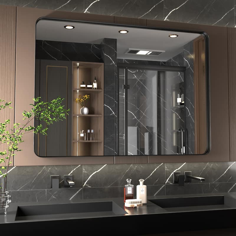 Modern Wall Mirror, Rectangular Mirror with Metal Frame, Bathroom Mirror with Round Corner Vanity Mirror for Vertical/Horizontal - 30W * 40H Inches - Black