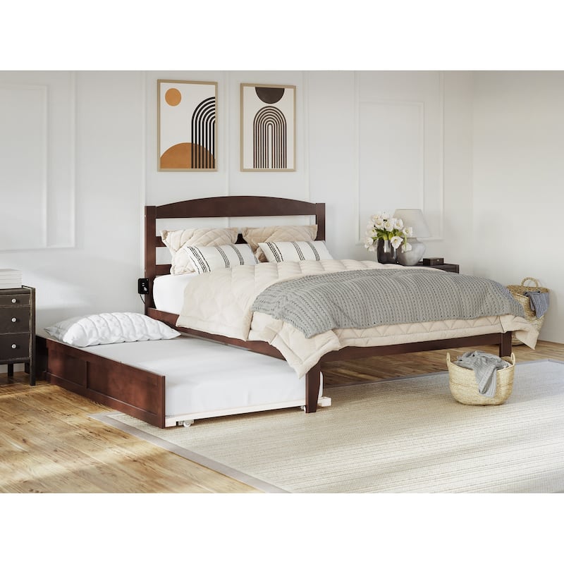 Warren Solid Wood Platform Bed with Twin Trundle - Walnut - Full