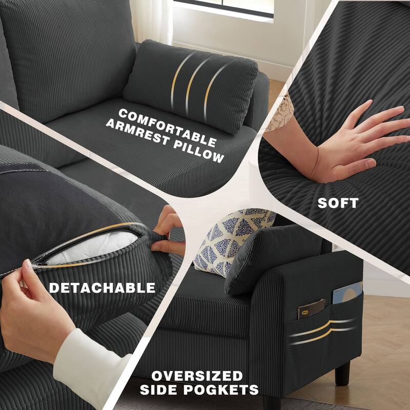 101"Corduroy 3 Piece Living Room Set Including 4 Seater Sofa ,2 Storage Ottoman and Chair