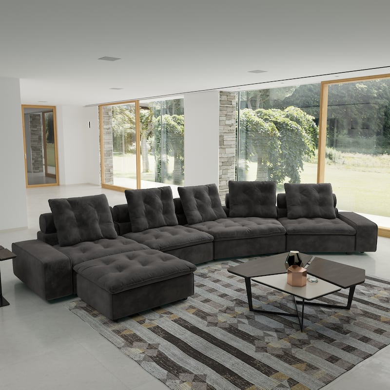 211.77" Down Filled Curved Sectional Sofa Oversized 4 Seater with Ottoman for Living Room Set - Grey