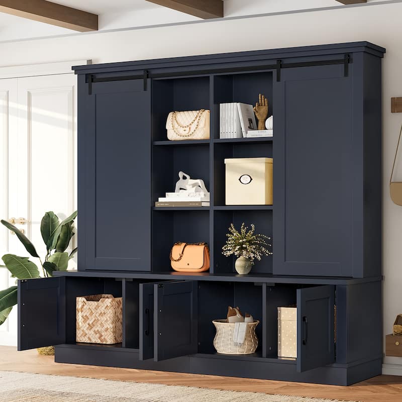 Roomfitters Large Entryway Hall Tree with Sliding Barn Door, Storage Cabinet with Shelves and Shoe Rack - Blue