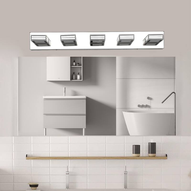 32" Modern 5-Light LED Vanity Light, Square Acrylic Lampshades Wall Mount Fixture for Bathroom, Mirror Lighting - Chrome