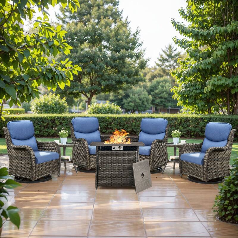 Outdoor Gliders Chairs with Fire Pit Table with 5-Inch Thick Cushions - Grey Rattan - Blue Cushion - 7PCS Swivel Chairs Table with Square Fire Table