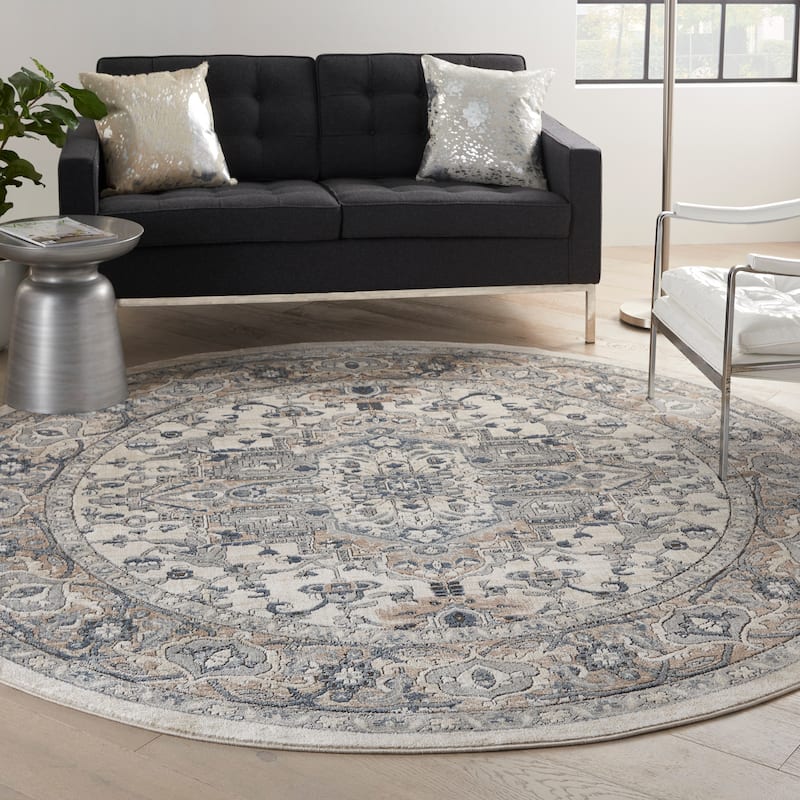 Nourison Concerto Traditional Persian Medallion Area Rug. - 7'10" Round - Ivory/Gray