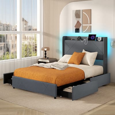 Gymax Bed Frame w/LED Lights Charging Station 2 Storage Pockets & 4